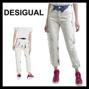 NWT DESIGUAL Faded acid wash fringes love boyfriend jeans